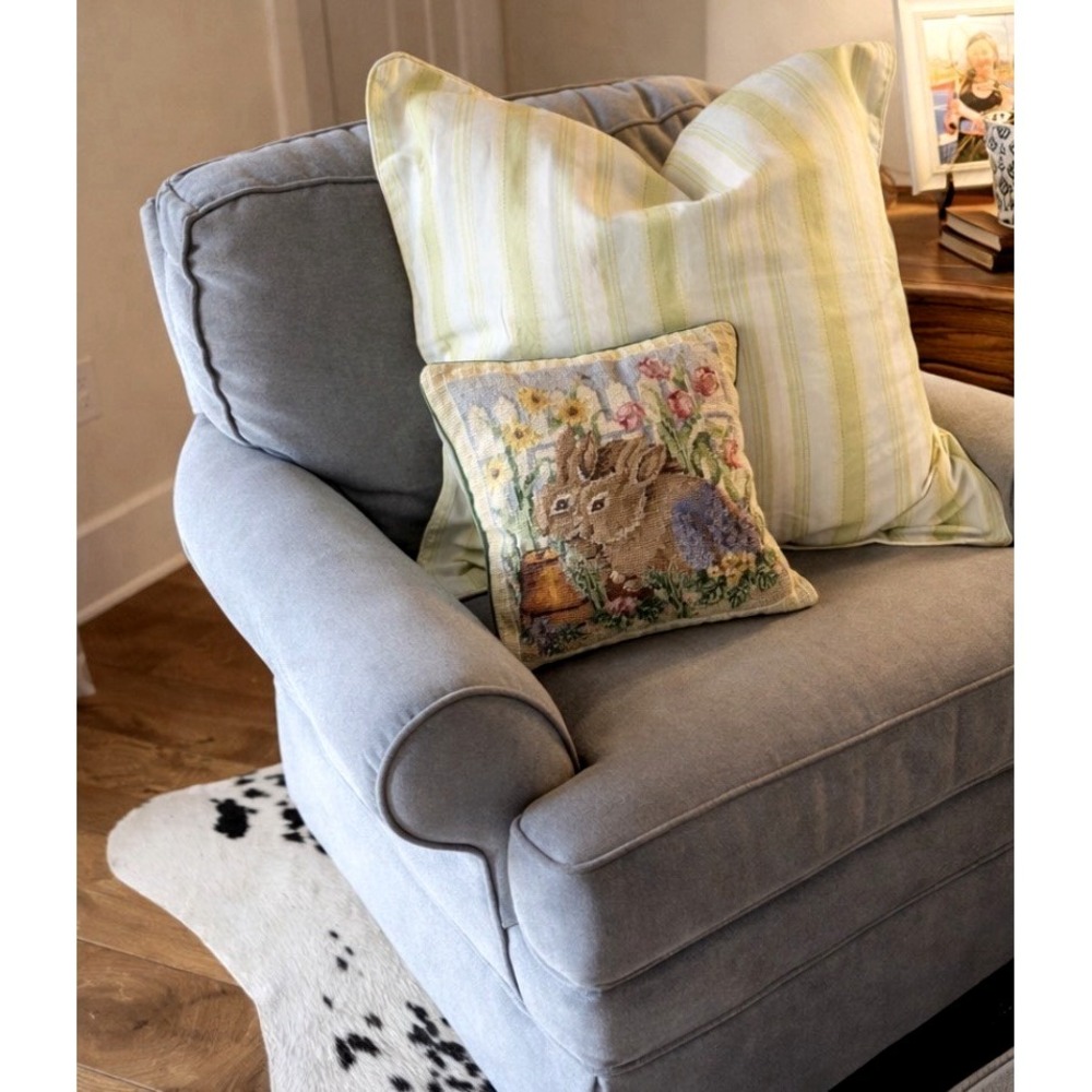 Vintage Waverly Euro Pillow 30x30 Blue Green Stripe Flanged Cotton w Down Insert